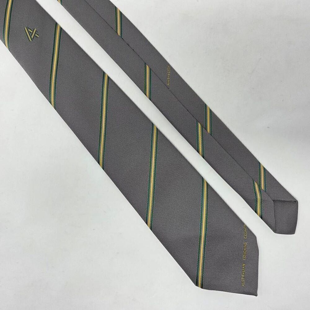 AUSTRALIAN COACHING COUNCIL TEE DEE POLY TIE GRAY YELLOW GREEN STRIPE 2.5" X 55"